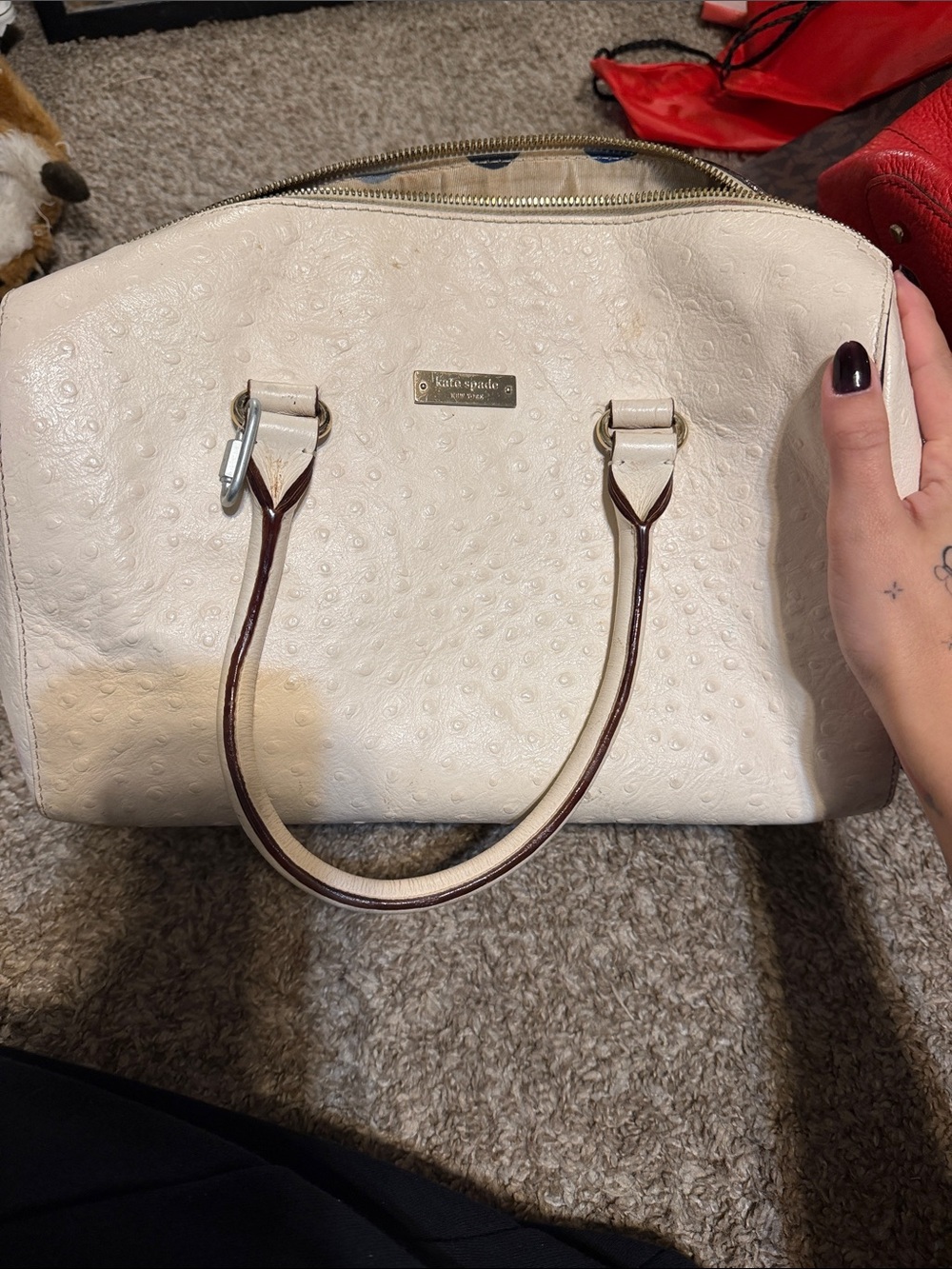 kate spade Ivory Textured Dome Satchel with Brown Trim